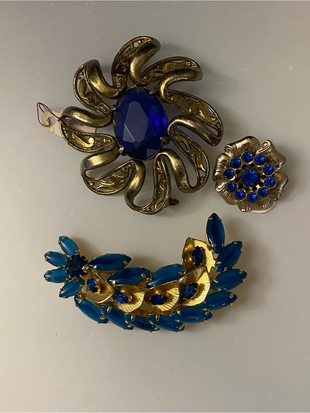 Gold-Tone Blue Crystal Floral Brooch Set